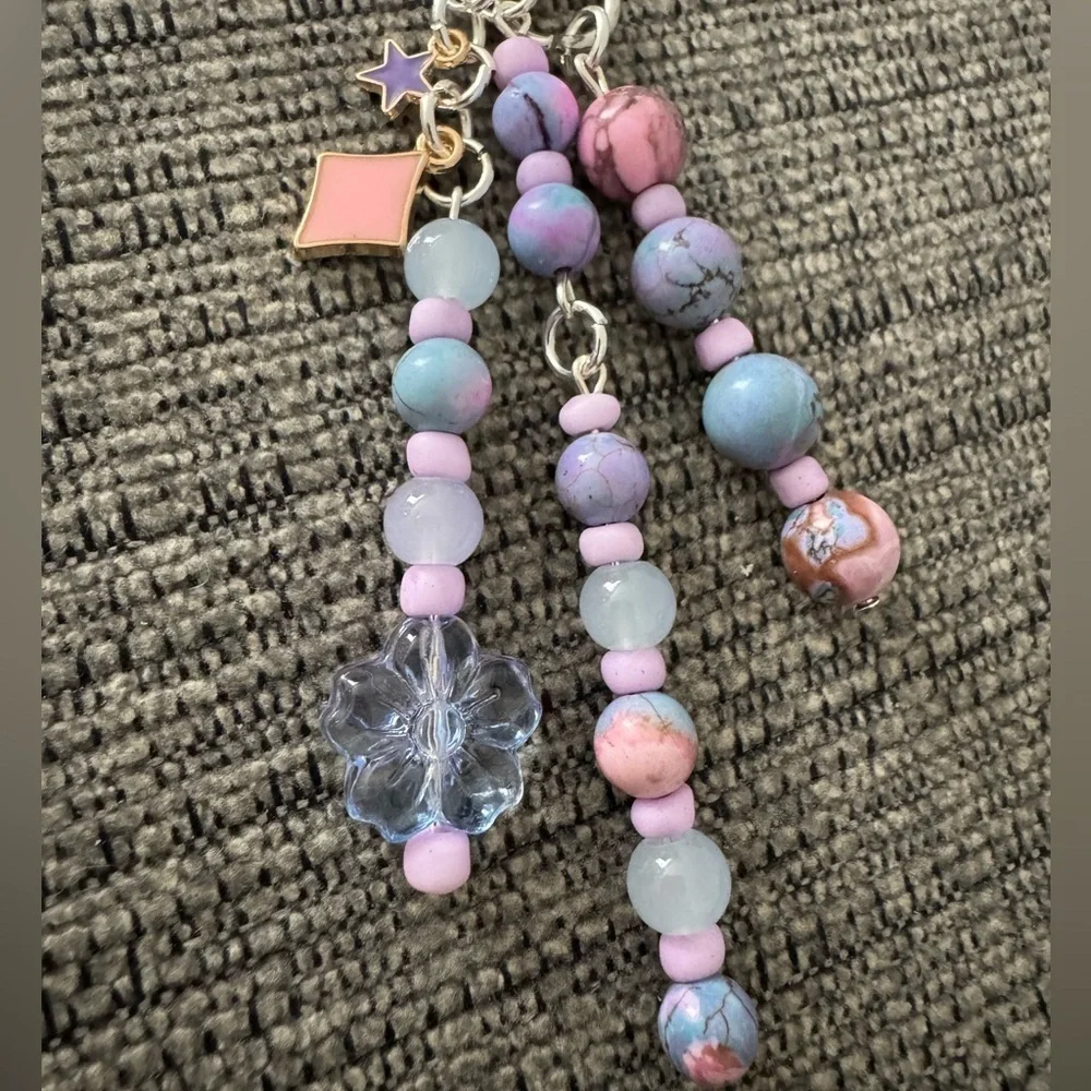 Stunning Pink & Purple Swirl Beaded Bag Charm Keychain with Floral Detail